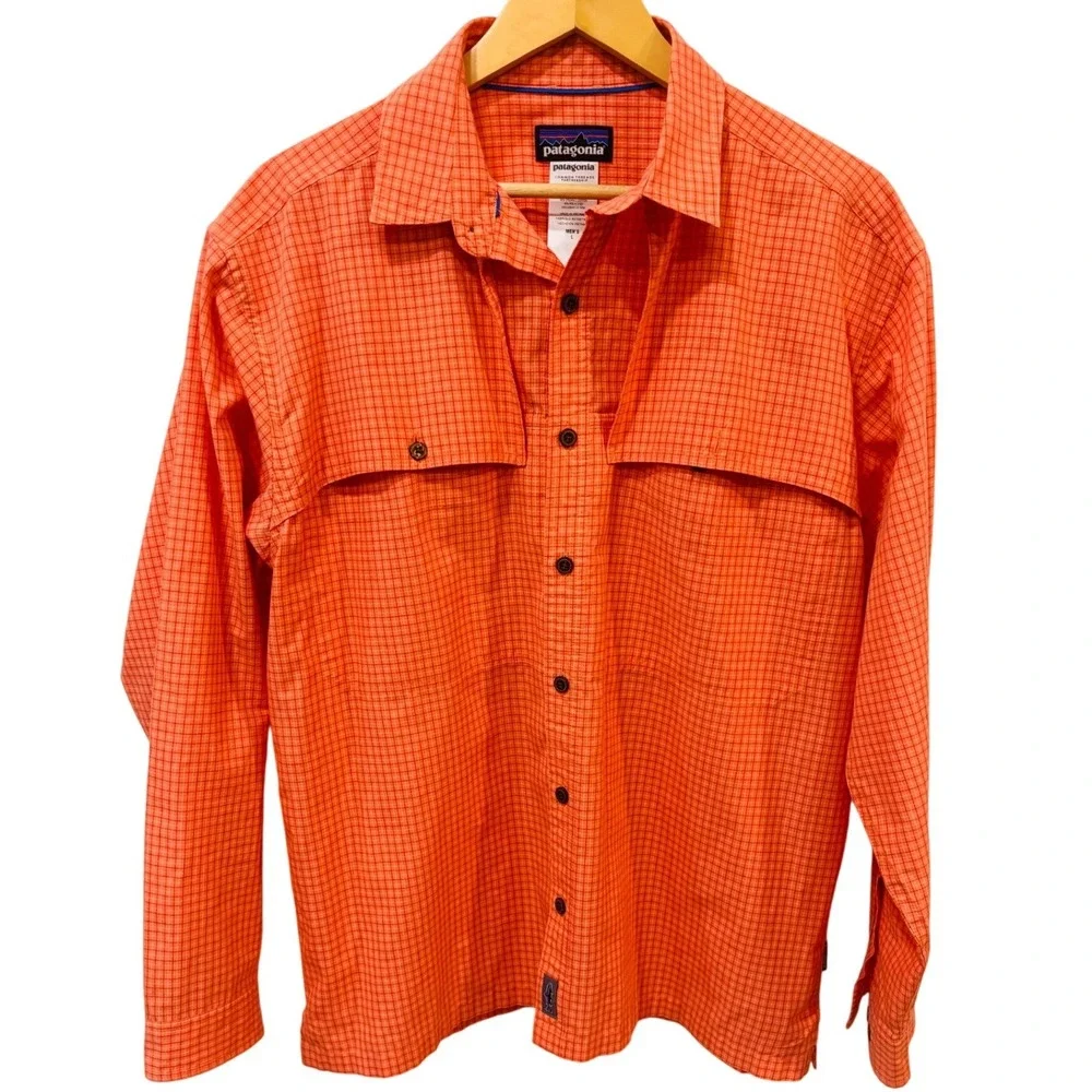 Patagonia Mens Large Orange Plaid Long Sleeve Ventilated Fishing Hiking Shirt L
